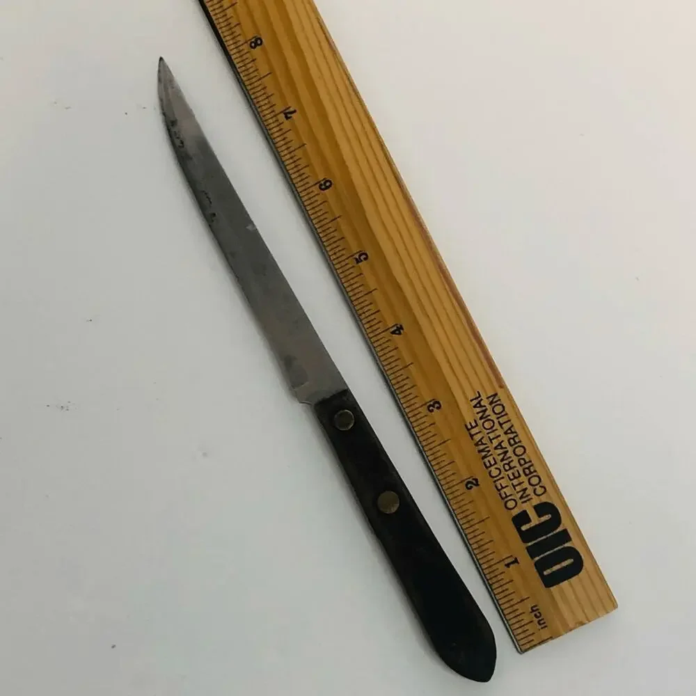 vintage wooden handled kitchen knife 5 inch blade riveted handle brown‎ as is